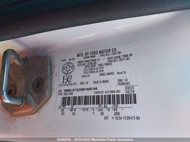 20262854 :رقم المزاد ، NM0LS7S29M1488196 vin ، 2021 Ford Transit Connect Xl Cargo Van مزاد بيع
