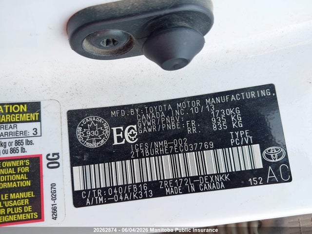 20262874 :رقم المزاد ، 2T1BURHE7EC037769 vin ، 2014 Toyota Corolla Le مزاد بيع