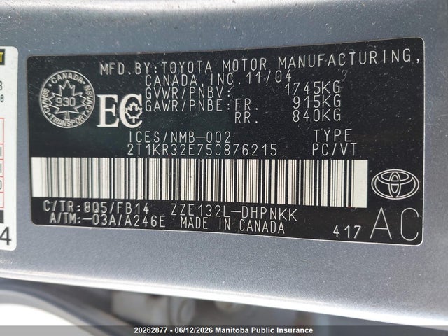 2005 Toyota Matrix მანქანა იყიდება აუქციონზე, vin: 2T1KR32E75C876215, აუქციონის ნომერი: 20262877