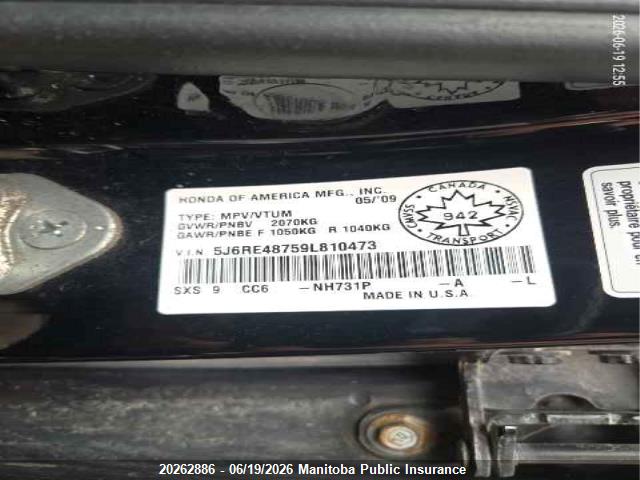 20262886 :رقم المزاد ، 5J6RE48759L810473 vin ، 2009 Honda Cr-v Ex-l مزاد بيع