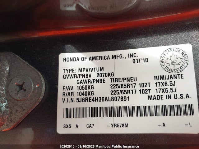 Aukcja sprzedaży 2010 Honda Cr-v Lx, vin: 5J6RE4H36AL807891, numer aukcji: 20262910