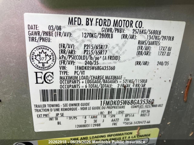 2008 Ford Taurus X Sel მანქანა იყიდება აუქციონზე, vin: 1FMDK05W68GA35360, აუქციონის ნომერი: 20262918