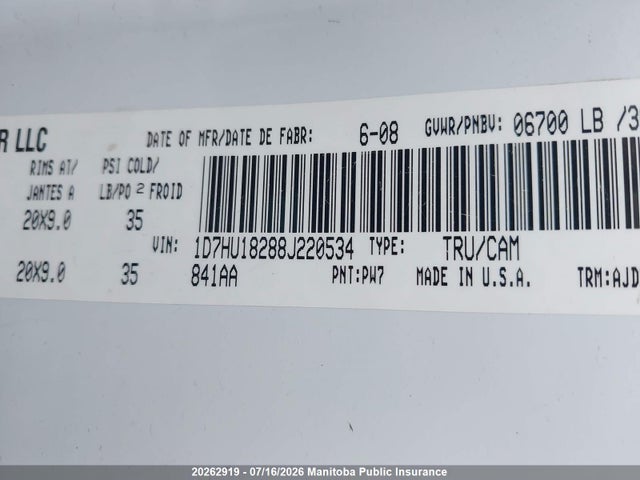 20262919 :رقم المزاد ، 1D7HU18288J220534 vin ، 2008 Dodge Ram 1500 Slt Quad Cab مزاد بيع