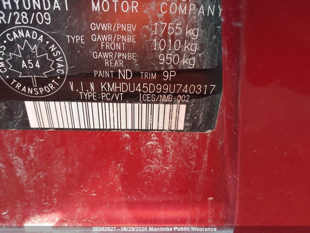 Продаж на аукціоні авто 2009 Hyundai Elantra Gl, vin: KMHDU45D99U740317, номер лоту: 20262927