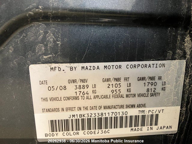 Auction sale of the 2008 Mazda 3 Mazda Gt, vin: JM1BK323381170130, lot number: 20262938