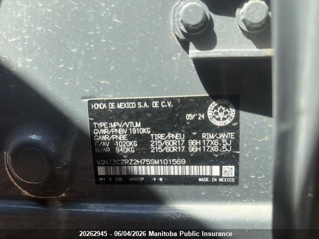 20262945 :رقم المزاد ، 3CZRZ2H75SM101569 vin ، 2025 Honda Hr-v Ex-l مزاد بيع
