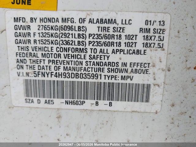 2013 Honda Pilot Touring მანქანა იყიდება აუქციონზე, vin: 5FNYF4H93DB035991, აუქციონის ნომერი: 20262947