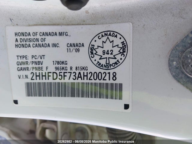 Продаж на аукціоні авто 2010 Acura Csx, vin: 2HHFD5F73AH200218, номер лоту: 20262982