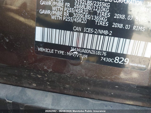 20262992 :رقم المزاد ، JA4J4UA80NZ618176 vin ، 2022 Mitsubishi Outlander Le مزاد بيع