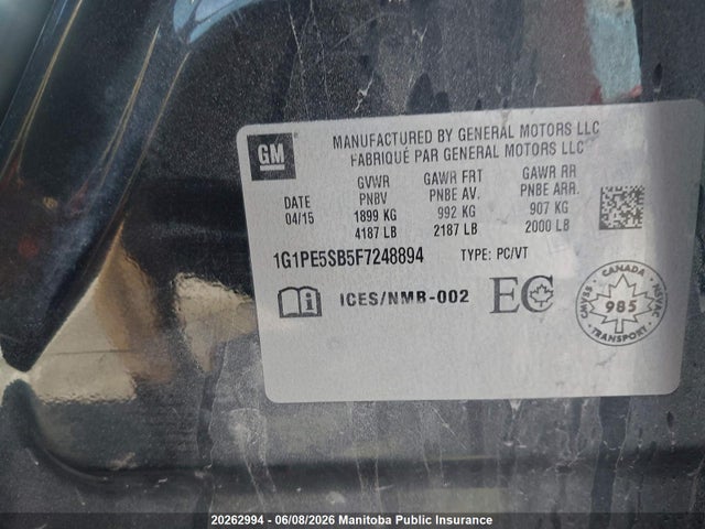 Продаж на аукціоні авто 2015 Chevrolet Cruze Lt Turbo, vin: 1G1PE5SB5F7248894, номер лоту: 20262994
