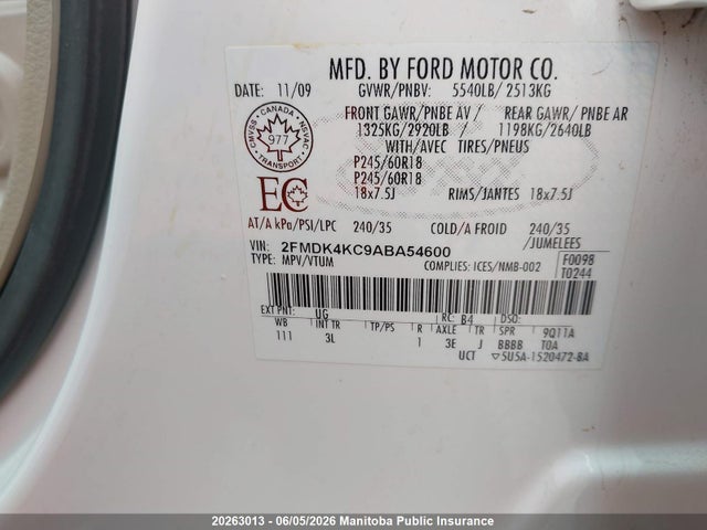 Продажа на аукционе авто 2010 Ford Edge Limited, vin: 2FMDK4KC9ABA54600, номер лота: 20263013