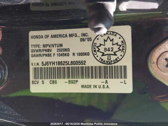 Продаж на аукціоні авто 2005 Honda Element Y Package, vin: 5J6YH18625L800552, номер лоту: 20263017
