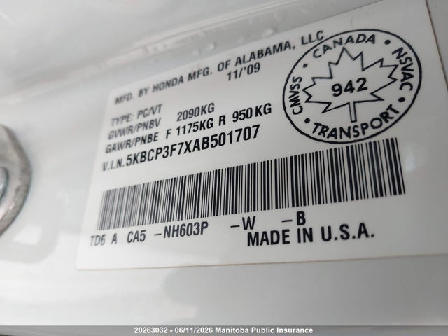 2010 Honda Accord Ex-v6 მანქანა იყიდება აუქციონზე, vin: 5KBCP3F7XAB501707, აუქციონის ნომერი: 20263032