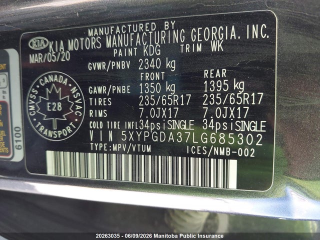 Продажа на аукционе авто 2020 Kia Sorento Lx+, vin: 5XYPGDA37LG685302, номер лота: 20263035