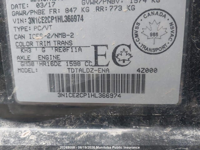 Aukcja sprzedaży 2017 Nissan Versa Note S, vin: 3N1CE2CP1HL366974, numer aukcji: 20263058