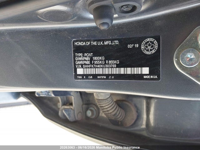 20263063 :رقم المزاد ، SHHFK7H40KU303769 vin ، 2019 Honda Civic Sport مزاد بيع