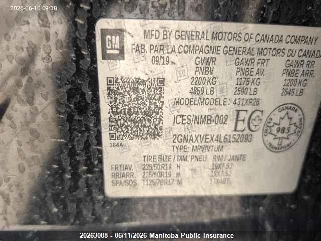 Продаж на аукціоні авто 2020 Chevrolet Equinox Lt 2.0t, vin: 2GNAXVEX4L6152093, номер лоту: 20263088