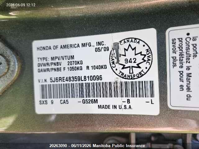 20263090 :رقم المزاد ، 5J6RE48359L810096 vin ، 2009 Honda Cr-v Lx مزاد بيع