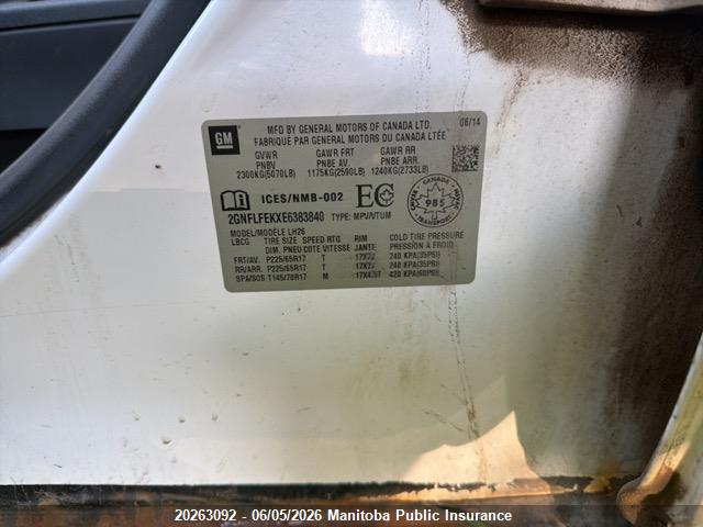 2014 Chevrolet Equinox Lt მანქანა იყიდება აუქციონზე, vin: 2GNFLFEKXE6383840, აუქციონის ნომერი: 20263092