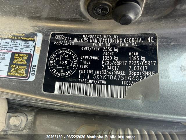 20263130 :رقم المزاد ، 5XYKTDA75EG432426 vin ، 2014 Kia Sorento Lx V6 مزاد بيع