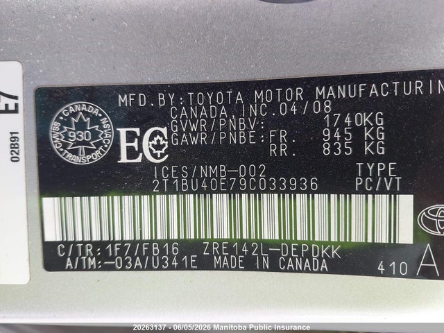 2009 Toyota Corolla Ce მანქანა იყიდება აუქციონზე, vin: 2T1BU40E79C033936, აუქციონის ნომერი: 20263137