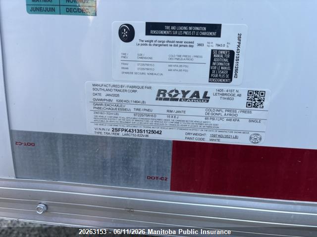 Продажа на аукционе авто 2025 Royal Cargo Utility Trailer, vin: 2SFPK4313S1125042, номер лота: 20263153
