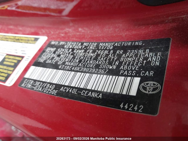 20263173 :رقم المزاد ، 4T1BE46K39U392967 vin ، 2009 Toyota Camry مزاد بيع