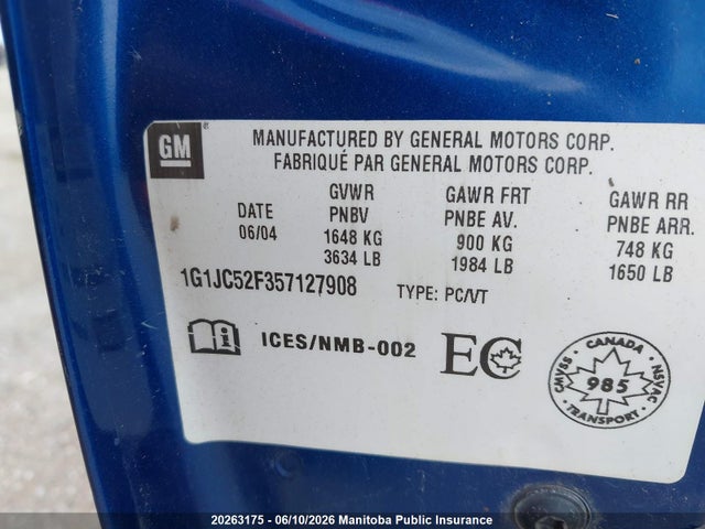 2005 Chevrolet Cavalier Vl მანქანა იყიდება აუქციონზე, vin: 1G1JC52F057128577, აუქციონის ნომერი: 20263175