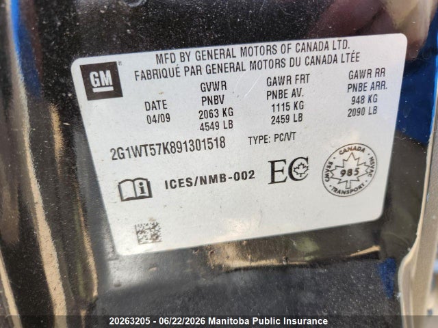 20263205 :رقم المزاد ، 2G1WT57K891301518 vin ، 2009 Chevrolet Impala Lt V6 مزاد بيع