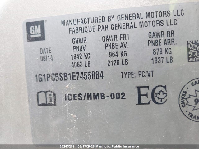 20263208 :رقم المزاد ، 1G1PC5SB1E7455884 vin ، 2014 Chevrolet Cruze Lt Turbo مزاد بيع