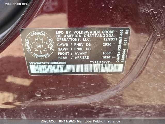 20263258 :رقم المزاد ، 1VWBH7A32CC034038 vin ، 2012 Volkswagen Passat 2.5 مزاد بيع