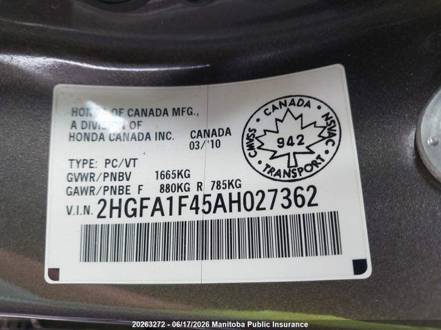 20263272 :رقم المزاد ، 2HGFA1F45AH027362 vin ، 2010 Honda Civic Dx-g مزاد بيع