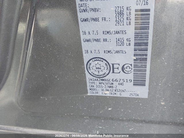 20263274 :رقم المزاد ، 5N1AR2MMXGC667519 vin ، 2016 Nissan Pathfinder Sl مزاد بيع