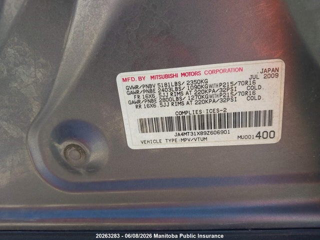 Продаж на аукціоні авто 2009 Mitsubishi Outlander Ls, vin: JA4MT31X89Z606901, номер лоту: 20263283