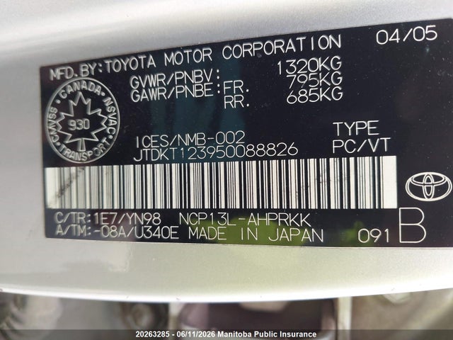 2005 Toyota Echo Le მანქანა იყიდება აუქციონზე, vin: JTDKT123950088826, აუქციონის ნომერი: 20263285