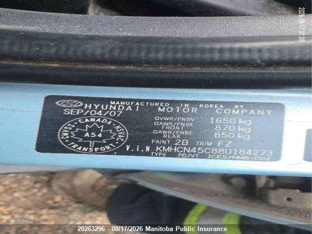 2008 Hyundai Accent Gl მანქანა იყიდება აუქციონზე, vin: KMHCN45C88U184273, აუქციონის ნომერი: 20263296