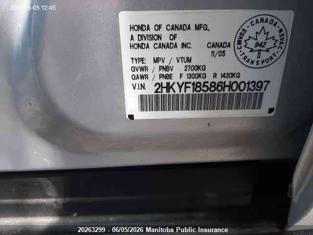 20263299 :رقم المزاد ، 2HKYF18586H001397 vin ، 2006 Honda Pilot Ex-l مزاد بيع