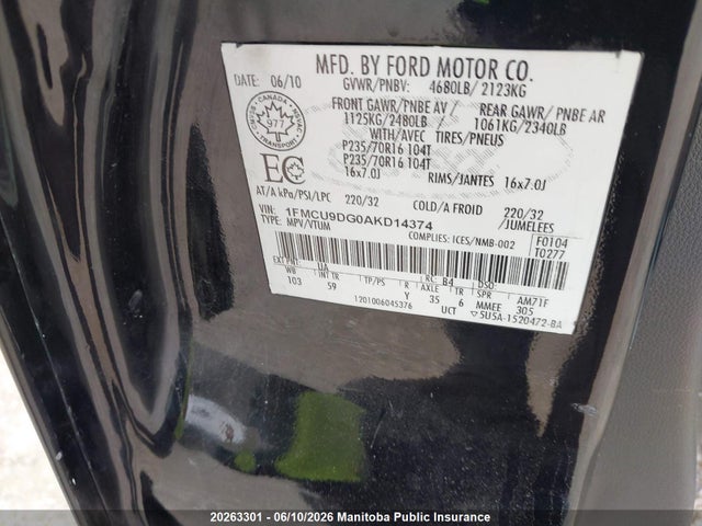 Продажа на аукционе авто 2010 Ford Escape Xlt V6, vin: 1FMCU9DG0AKD14374, номер лота: 20263301