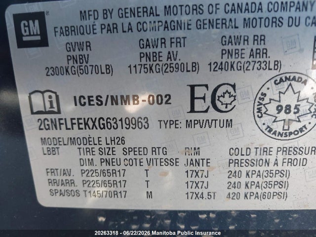 Aukcja sprzedaży 2016 Chevrolet Equinox Lt, vin: 2GNFLFEKXG6319963, numer aukcji: 20263318