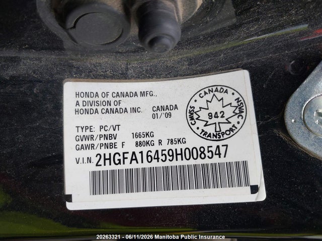 20263321 :رقم المزاد ، 2HGFA16459H008547 vin ، 2009 Honda Civic Dx-g مزاد بيع