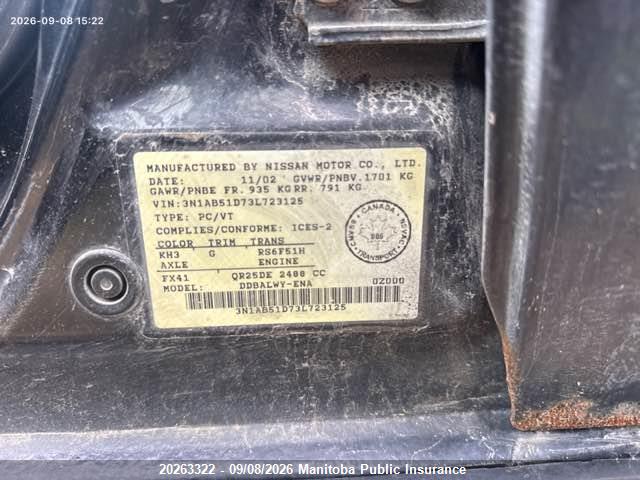 2003 Nissan Sentra Se-r Spec V მანქანა იყიდება აუქციონზე, vin: 3N1AB51D73L723125, აუქციონის ნომერი: 20263322