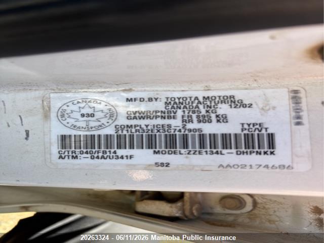 Aukcja sprzedaży 2003 Toyota Matrix, vin: 2T1LR32EX3C747905, numer aukcji: 20263324