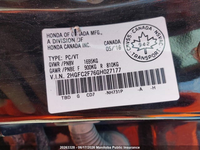 Aukcja sprzedaży 2016 Honda Civic Ex, vin: 2HGFC2F76GH027177, numer aukcji: 20263328