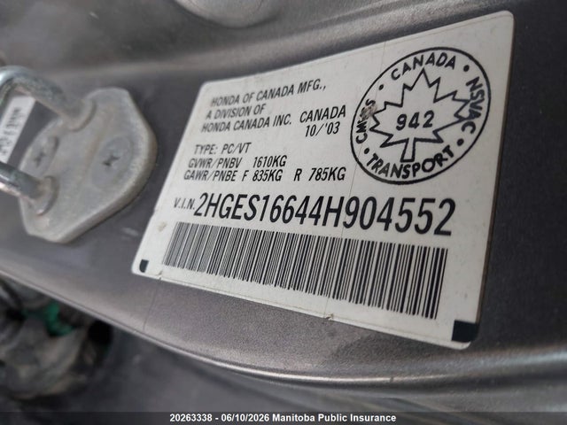20263338 :رقم المزاد ، 2HGES16644H904552 vin ، 2004 Honda Civic Lx مزاد بيع