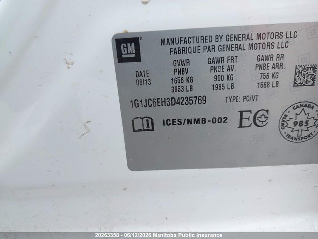 Продаж на аукціоні авто 2013 Chevrolet Sonic Lt, vin: 1G1JC6EH3D4235769, номер лоту: 20263358