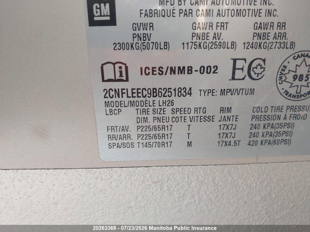 20263369 :رقم المزاد ، 2CNFLEEC9B6251834 vin ، 2011 Chevrolet Equinox Lt مزاد بيع
