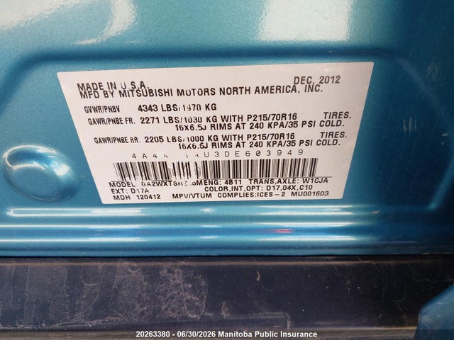 2013 Mitsubishi Rvr Se მანქანა იყიდება აუქციონზე, vin: 4A4AJ3AU3DE603949, აუქციონის ნომერი: 20263380