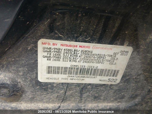 20263382 :رقم المزاد ، JA4AT2AW9BU603187 vin ، 2011 Mitsubishi Outlander Es مزاد بيع