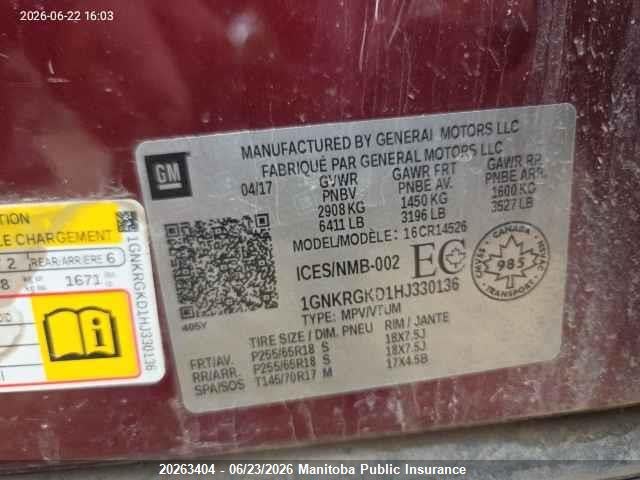 Chevrolet Traverse Lt 2017 1GNKRGKD1HJ330136 Image 9