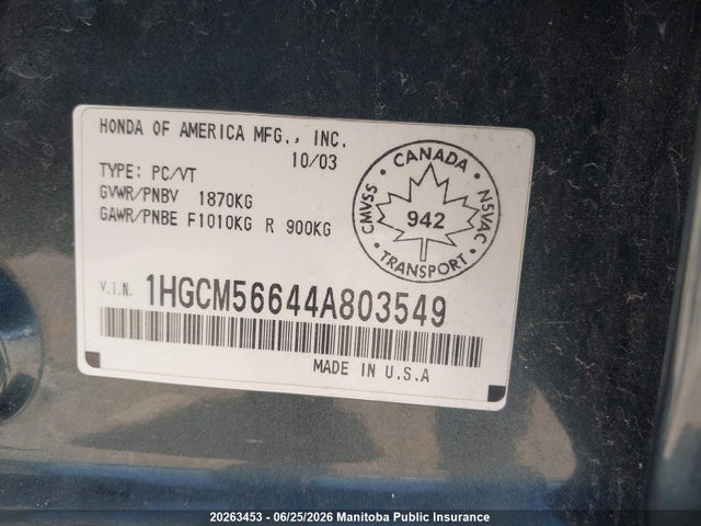 20263453 :رقم المزاد ، 1HGCM56644A803549 vin ، 2004 Honda Accord Ex مزاد بيع